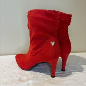 GUESS Red Faux Suede Pointed Toe Slouchy Ankle Boots
